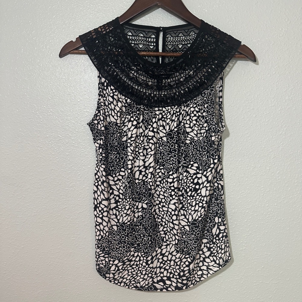 White House Black Market Beaded Crochet Neck Animal Print Blouse XS Black White